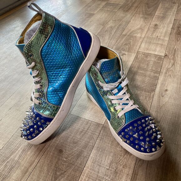 Blue Leather High-Top Snakeskin Shoes w/Spikes Lace-Up Ankle Boots Men's Size 10 - Picture 1 of 10